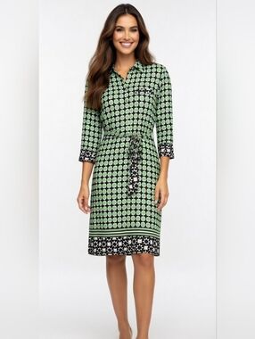 Donna Morgan Green Geometric Print Shirt Dress with Tie Waist (SIZE: 8)